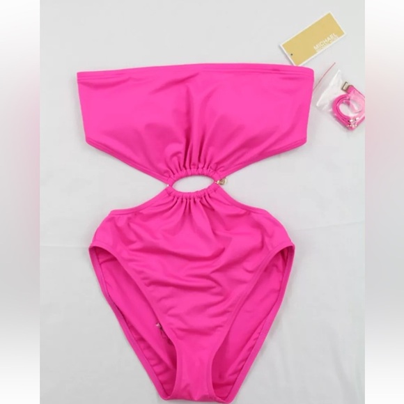 MICHAEL KORS Logo Strapless One Piece Bikini Ultra Pink Size 6 - Picture 1 of 15